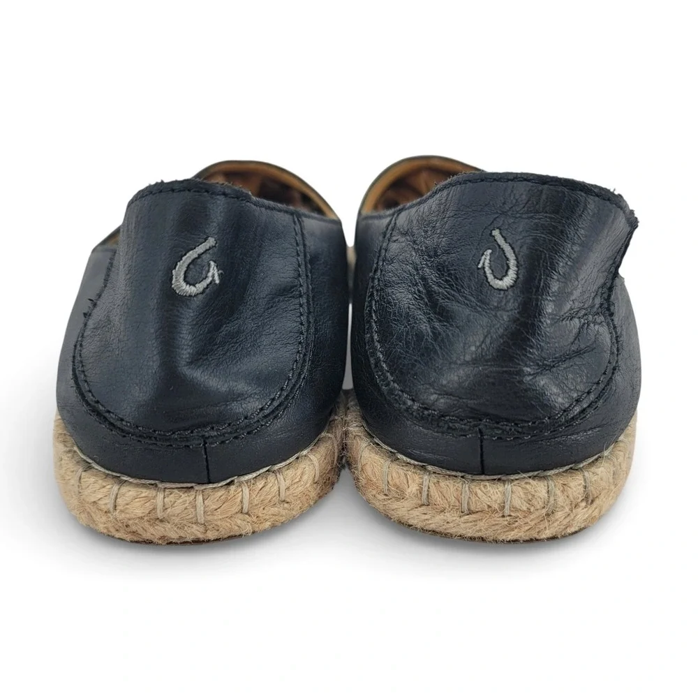 OluKai‎ Kaula Paa Ili Flats Women 7 Black Leather Espadrille Coastal Comfort